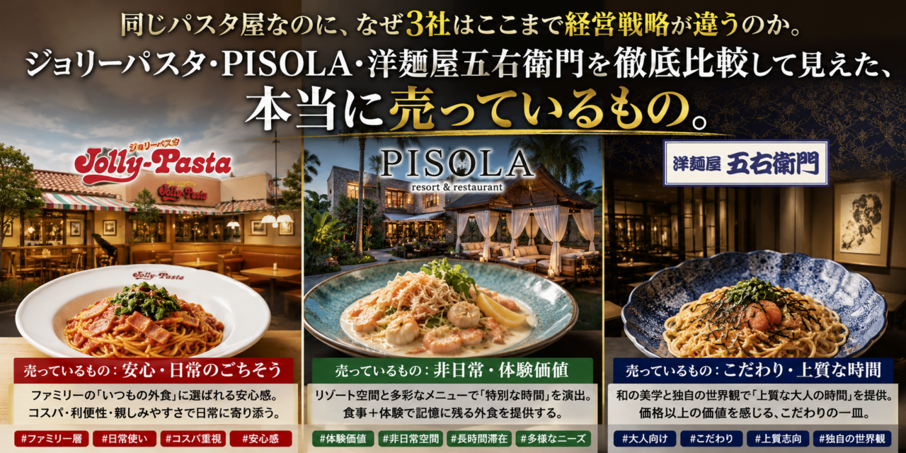 同じパスタ屋なのに、なぜ3社はここまで経営戦略が違うのか。ジョリーパスタ・PISOLA・洋麺屋五右衛門を徹底比較して見えた、本当に売っているもの。