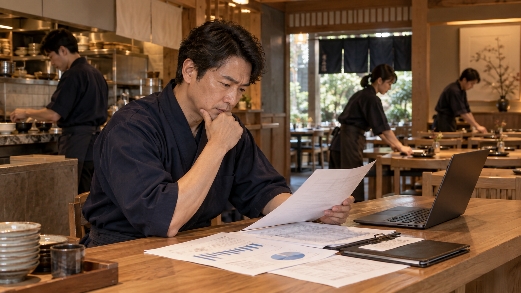 労働供給制約と稼ぐ力に関する資料を確認する飲食店経営者(AI生成イメージ)