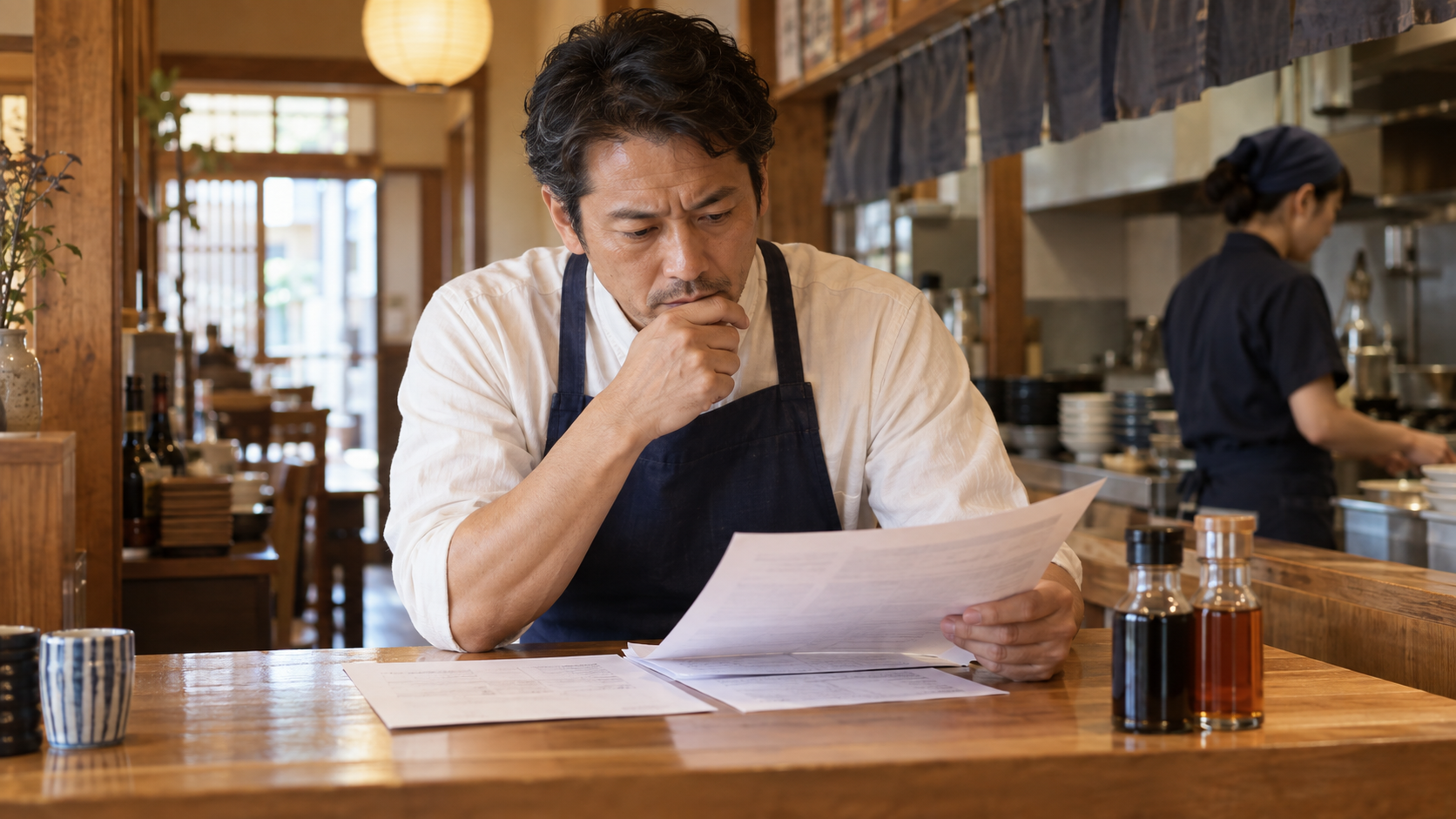仕入れ先の価格変更案内を読む飲食店主（AI生成イメージ）