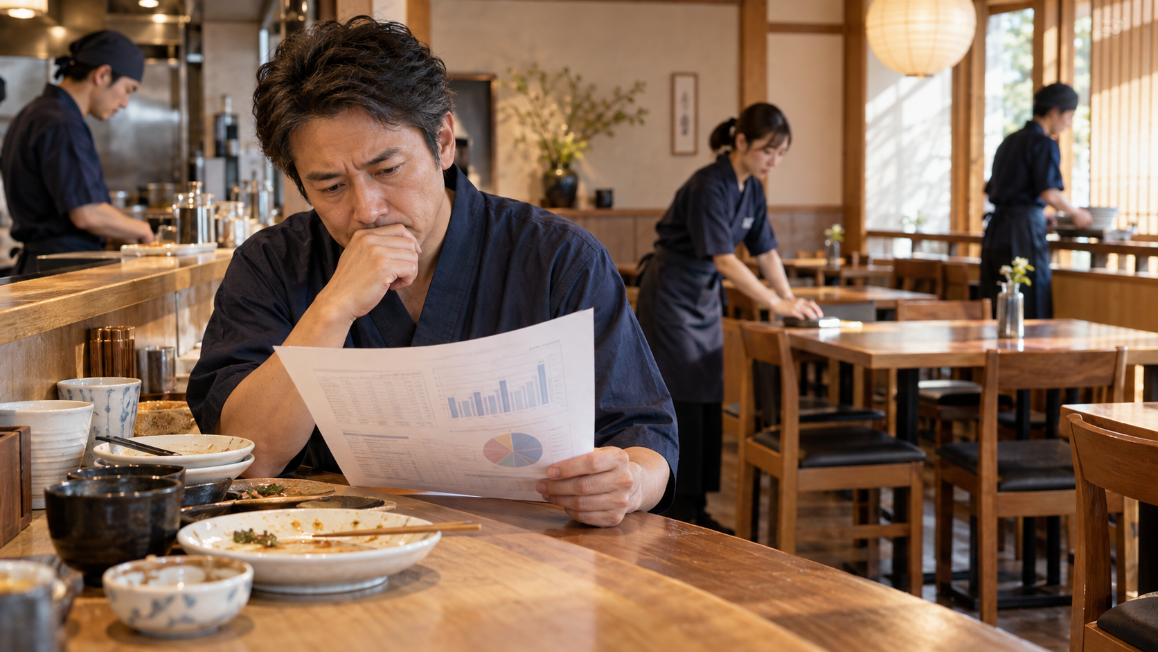 食品ロスに関する資料を読む飲食店経営者（AI生成イメージ）