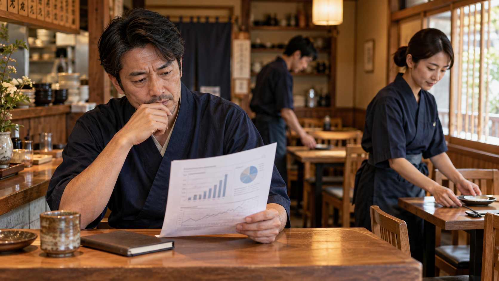 訪日外客数の資料を読み、需要の変化を考える飲食店経営者（AI生成イメージ）