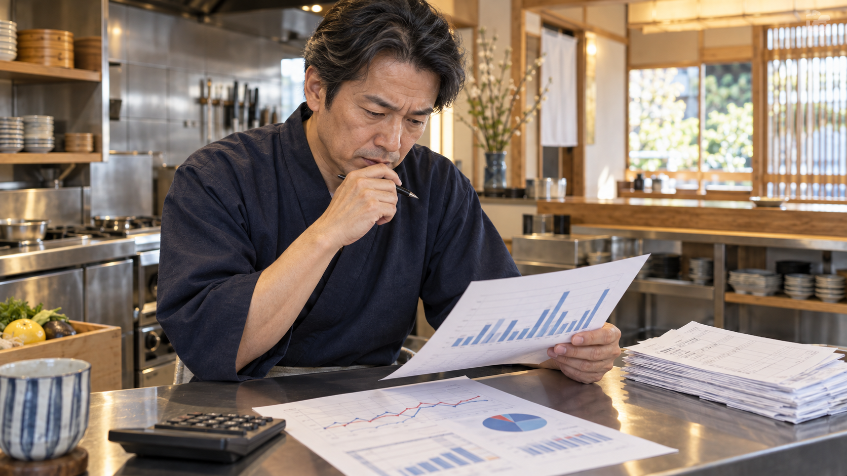 物価統計と仕入れ資料を比較する飲食店経営者(AI生成イメージ)
