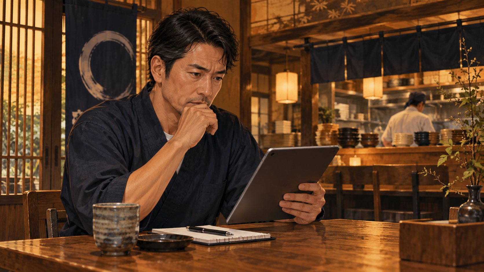飲食店で業界ニュースを確認する経営者