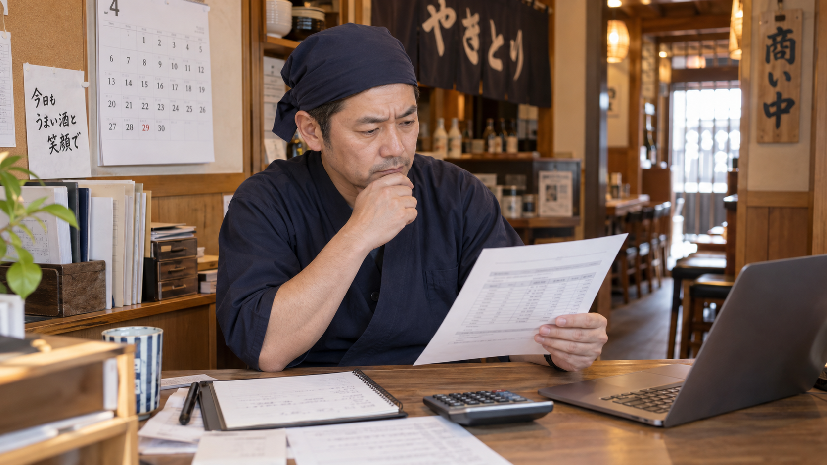 地域別最低賃金の資料と発効日を確認する飲食店経営者(AI生成イメージ)