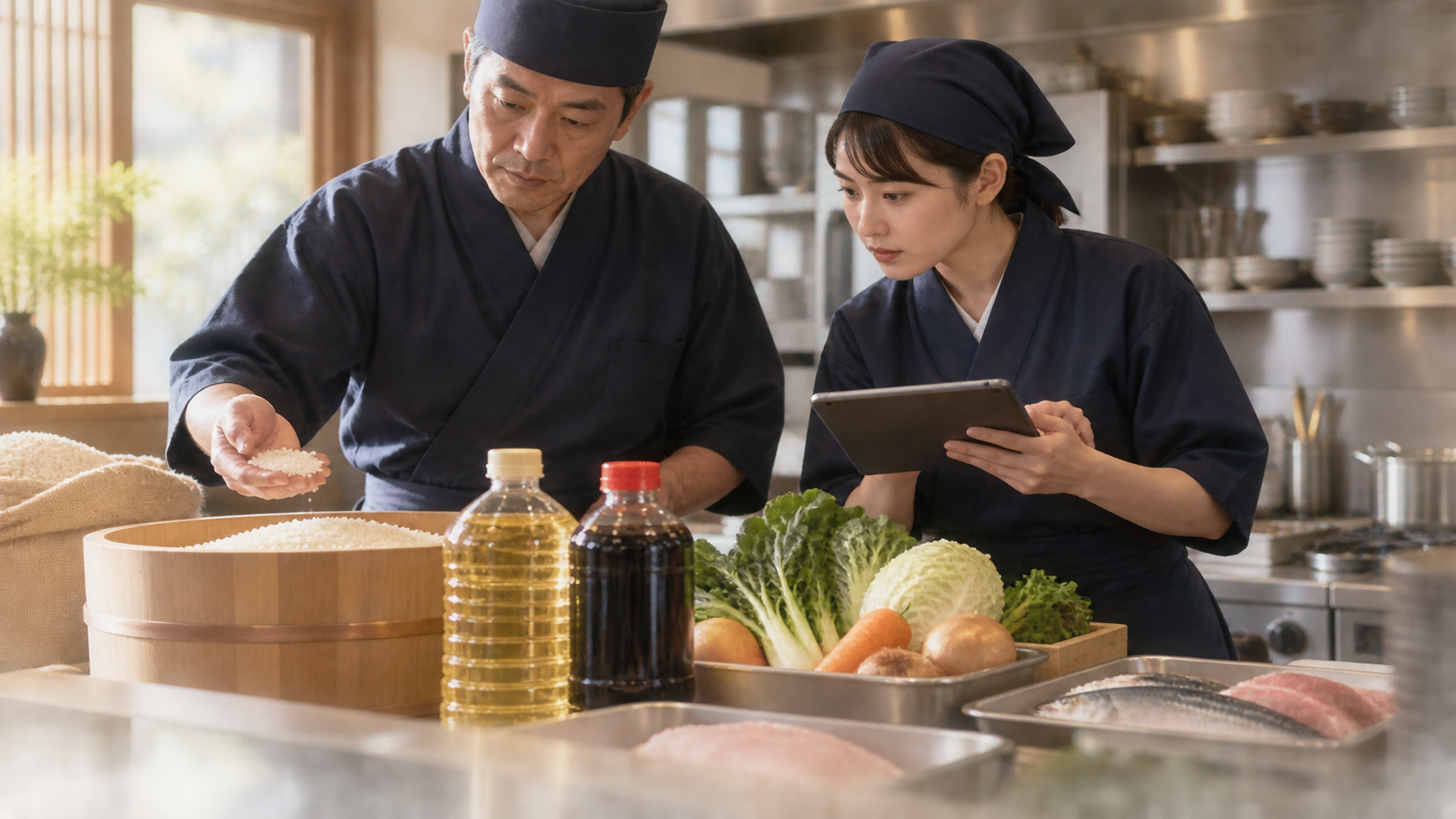 米、油、醤油、野菜の使用量と原価を確認する店主と店長(AI生成イメージ)