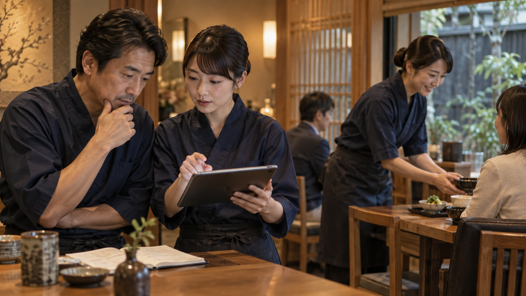 デジタル注文と人による接客の役割を考える飲食店経営者と店長(AI生成イメージ)