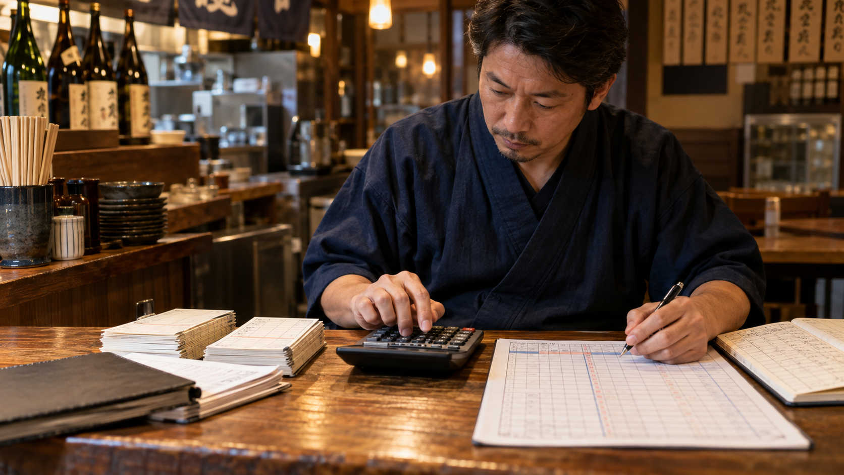 シフト表と電卓で月の人件費増加額を計算する飲食店経営者(AI生成イメージ)