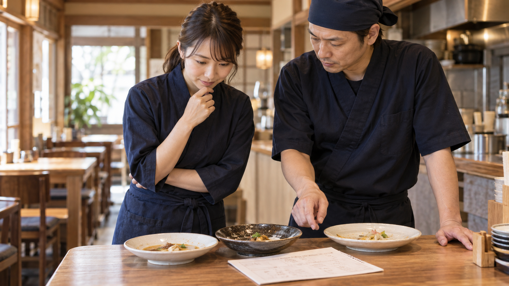 残された料理を見て原因を話し合う飲食店の店長と料理人（AI生成イメージ）