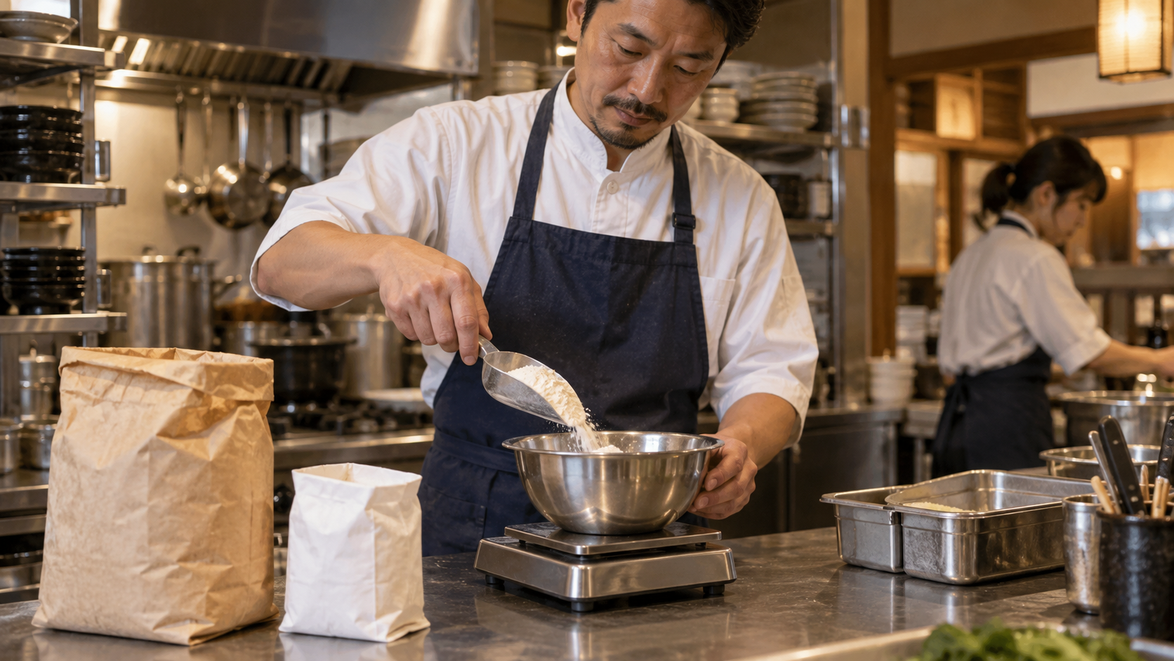 内容量と使用量を確認する食材の計量（AI生成イメージ）