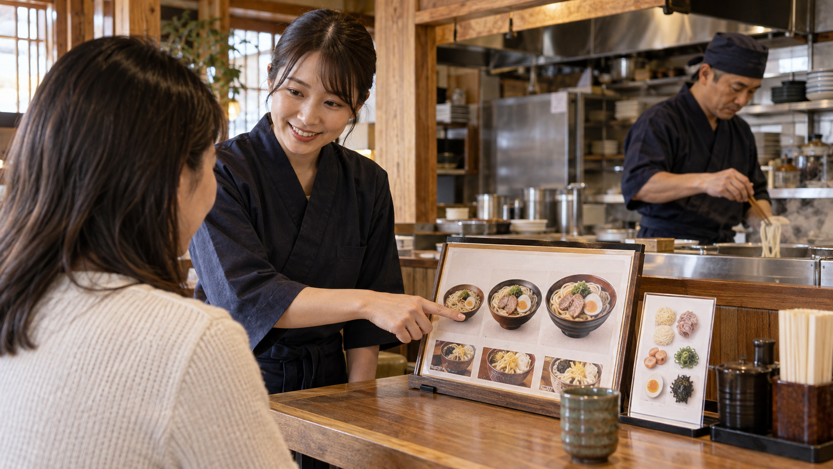 料理写真と食材情報を使ってお客様に説明する飲食店店長（AI生成イメージ）
