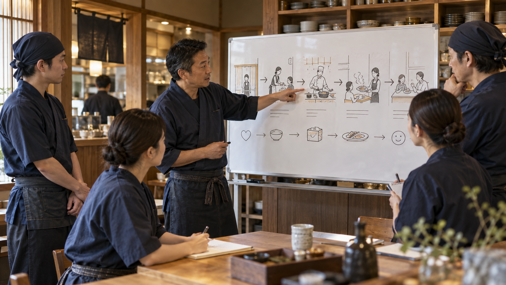 顧客体験の流れを図にしてオペレーションを設計する飲食店チーム(AI生成イメージ)