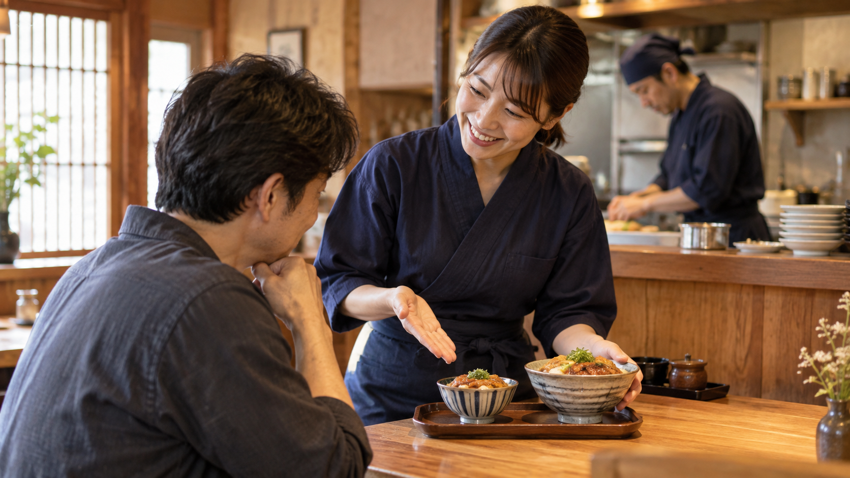 二種類の料理の量をお客様に説明する飲食店スタッフ（AI生成イメージ）