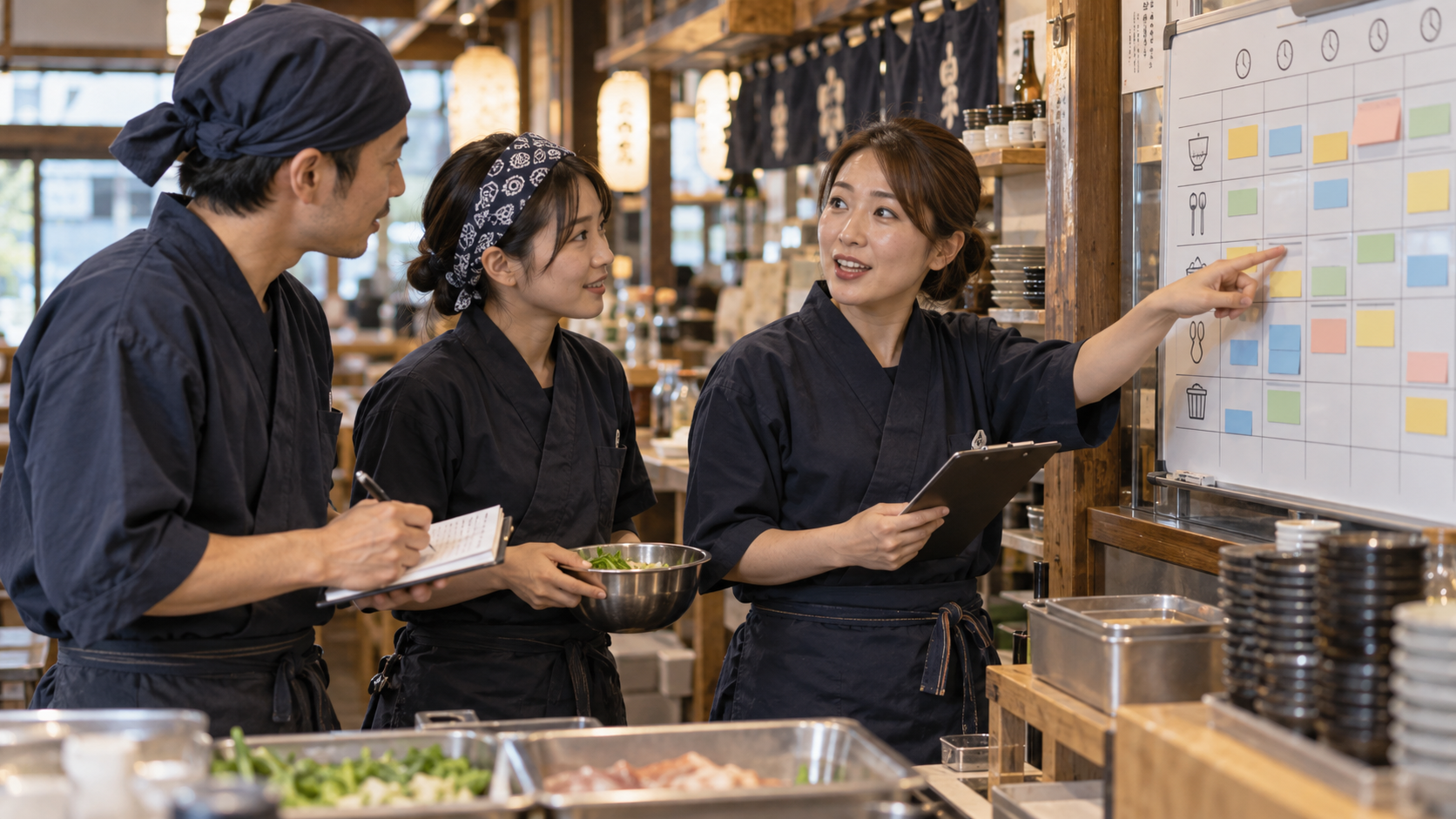 15分単位の作業表を使って営業工程を見直す飲食店チーム(AI生成イメージ)