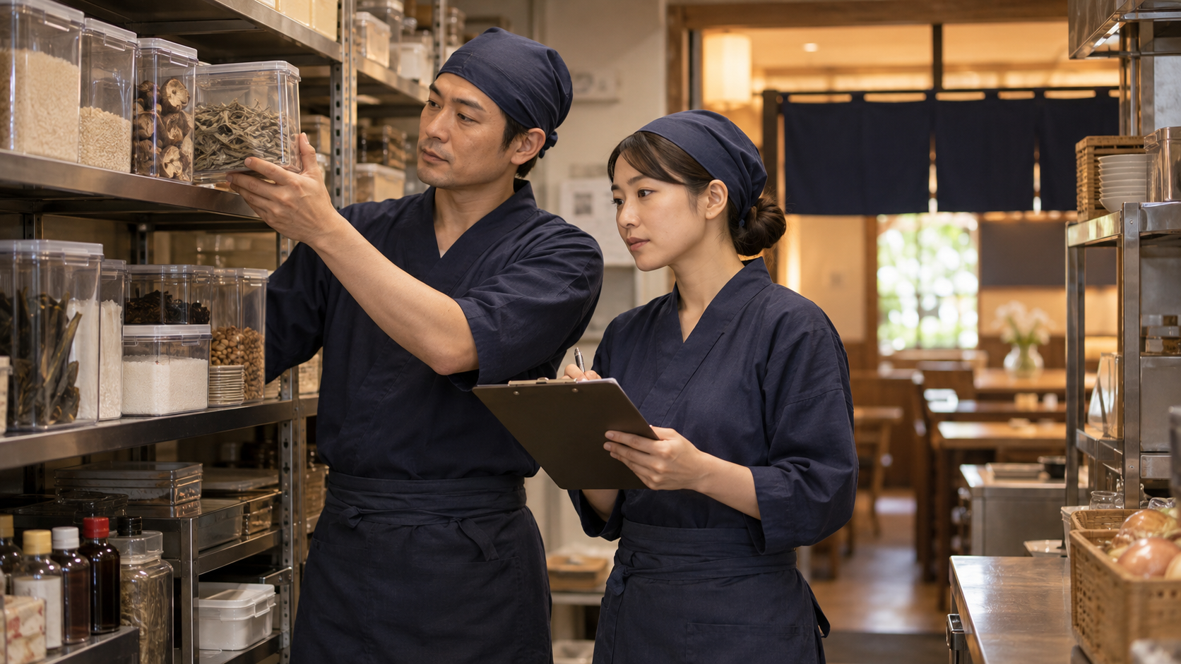 棚の使える在庫を二人で確認するスタッフ（AI生成イメージ）