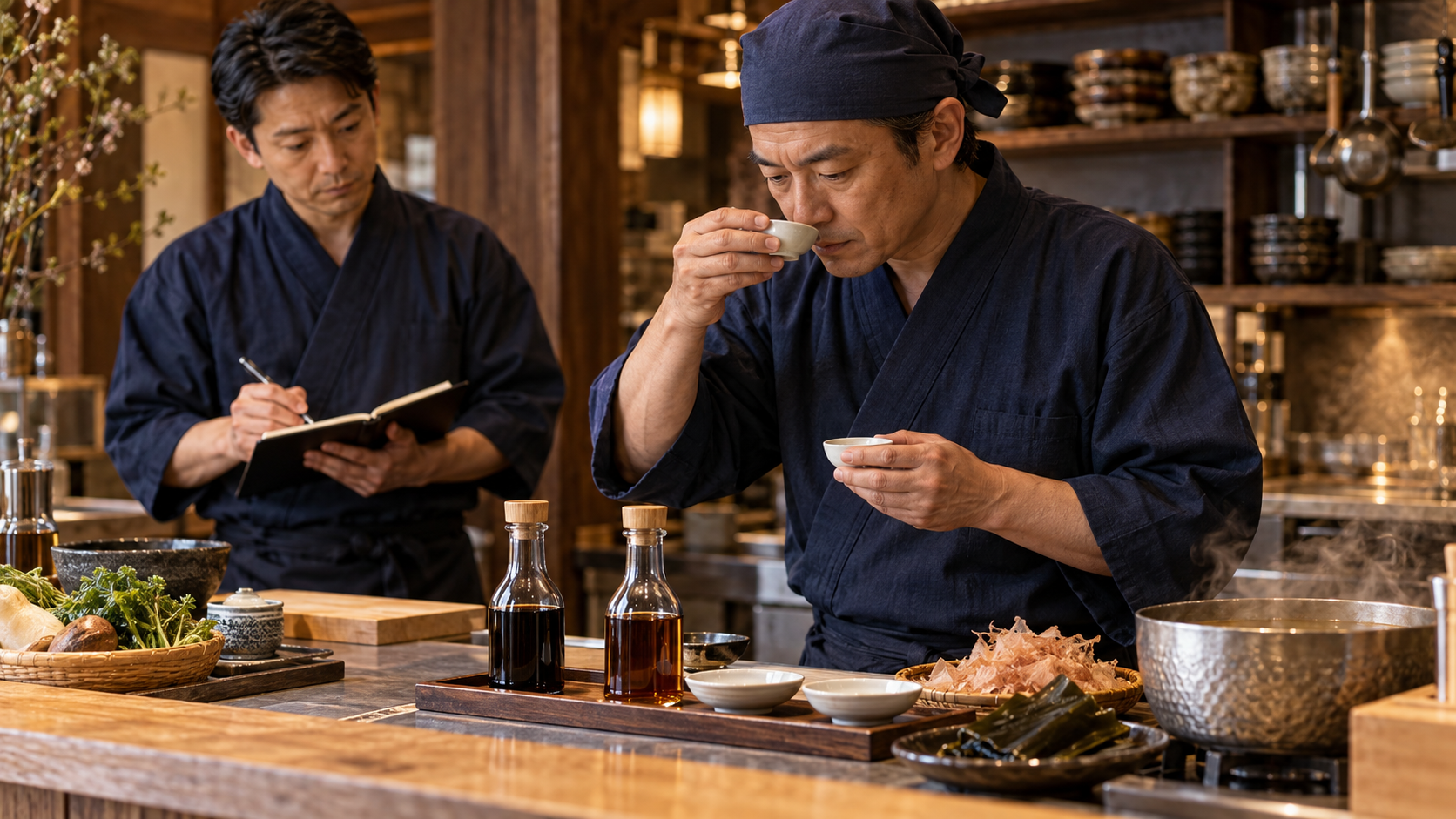 二種類の調味料とだしを味見し、味の役割を記録する料理人(AI生成イメージ)