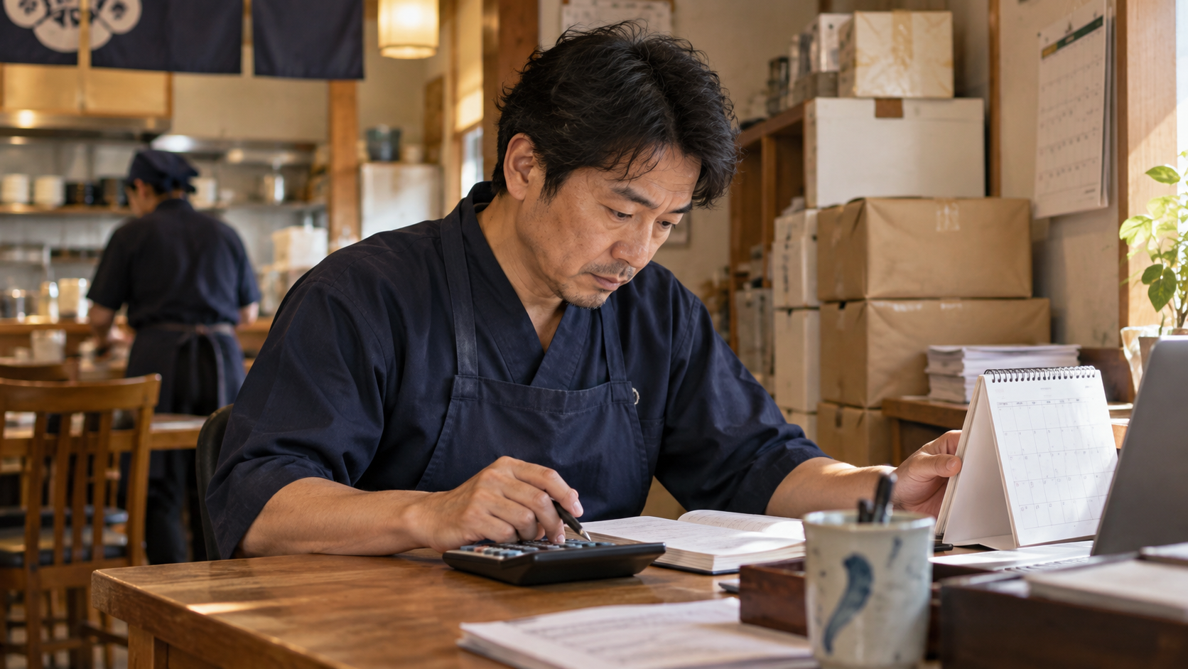 まとめ買いの支払いと資金予定を確認する店主（AI生成イメージ）