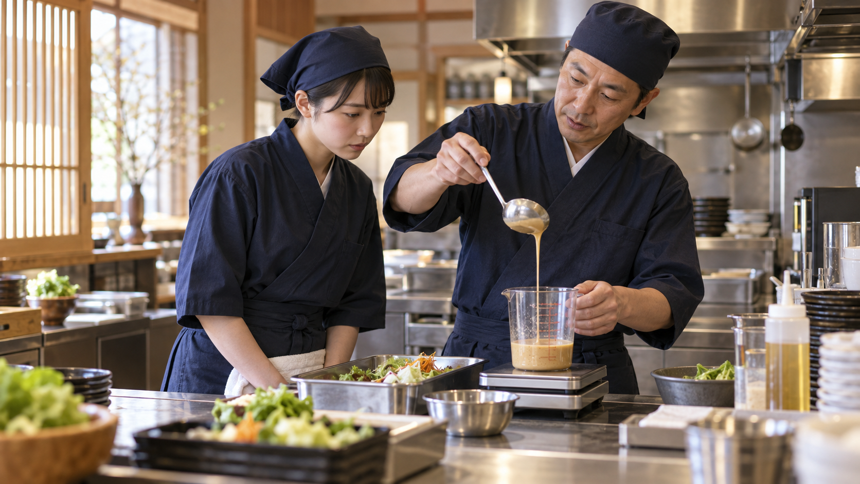 ドレッシングの計量方法をスタッフに実演する飲食店店長(AI生成イメージ)
