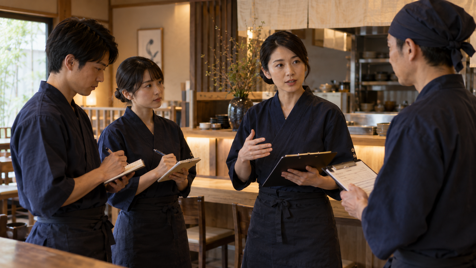 営業前の短い打ち合わせで重点行動を伝える飲食店店長(AI生成イメージ)