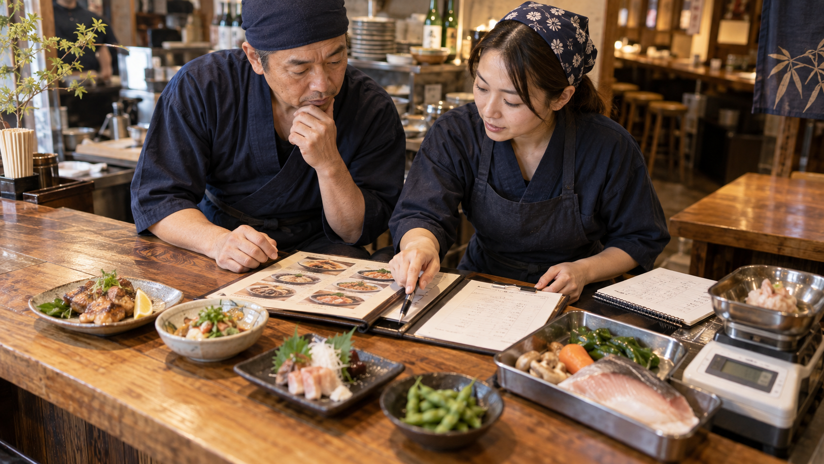 メニューと食材と作業時間を比較する飲食店スタッフ(AI生成イメージ)
