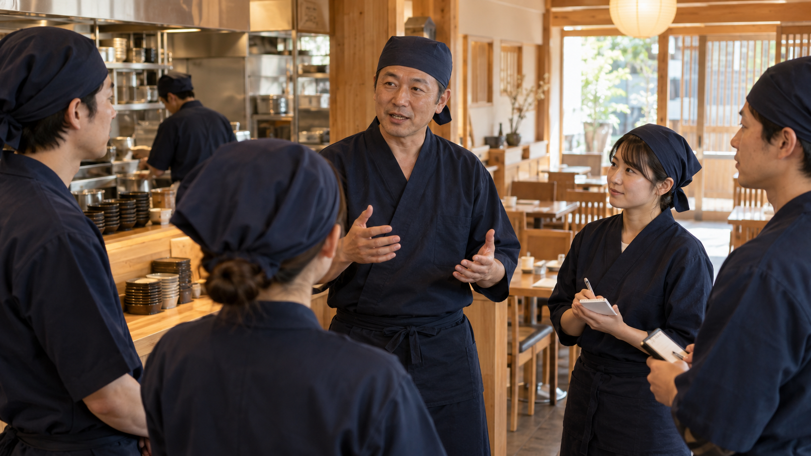 営業前に食べきれる体験の提供方法を共有する飲食店チーム（AI生成イメージ）