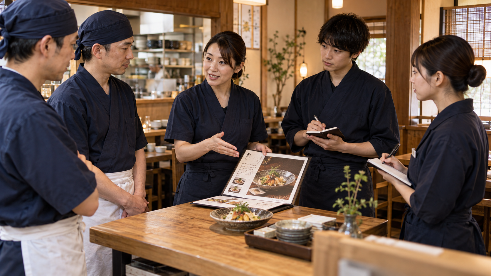 営業前に料理の説明方法をスタッフと共有する飲食店店長（AI生成イメージ）