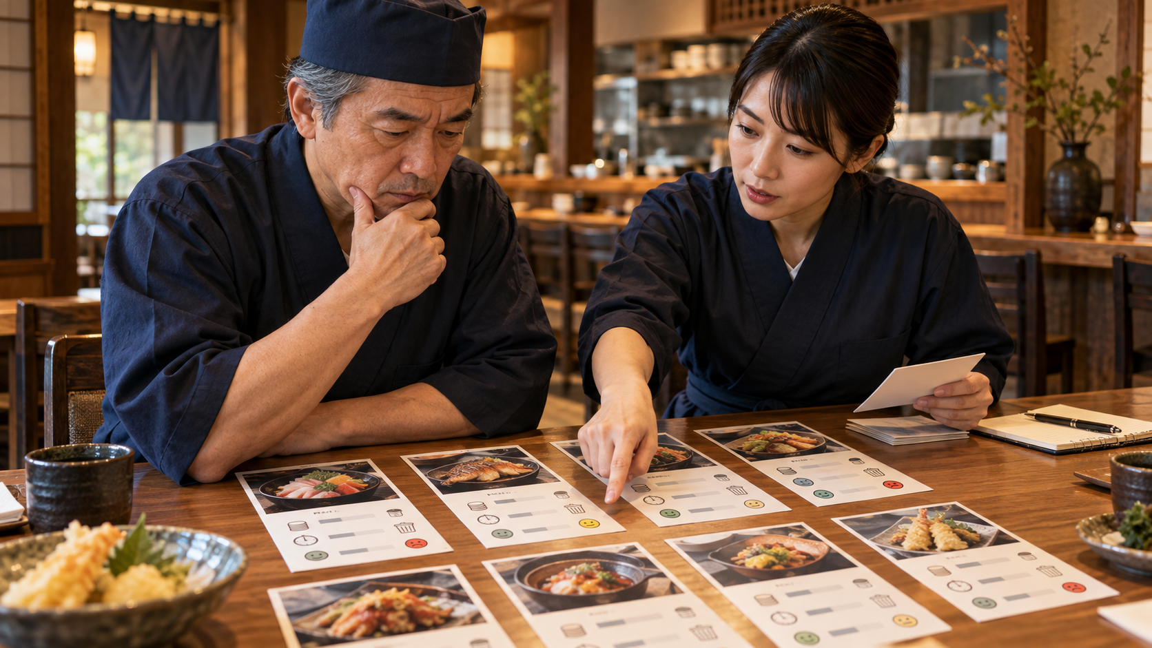 料理写真と原価、調理時間、お客様の反応を比較する店主と店長(AI生成イメージ)