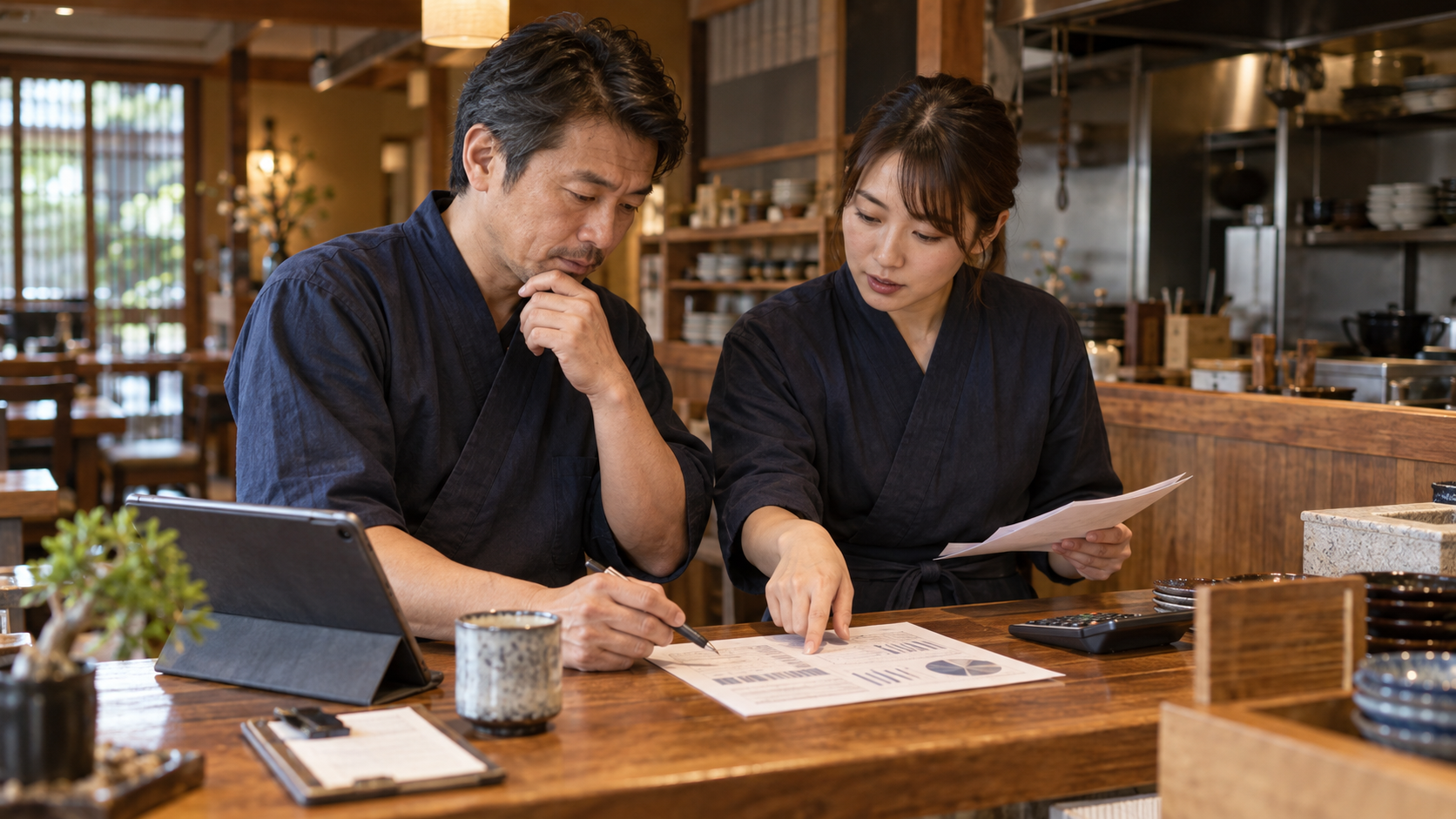 来客の反応、原価、労働時間を資料で確認する飲食店経営者と店長（AI生成イメージ）