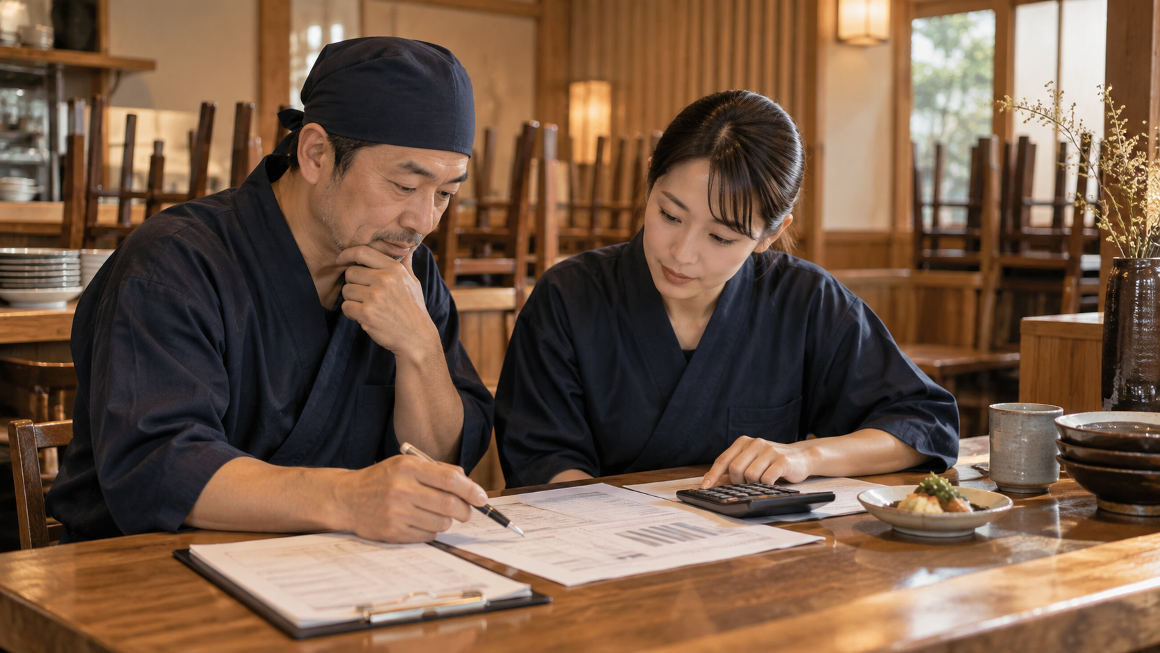 食材原価と働く時間を見ながら改善案を考える飲食店経営者と店長（AI生成イメージ）