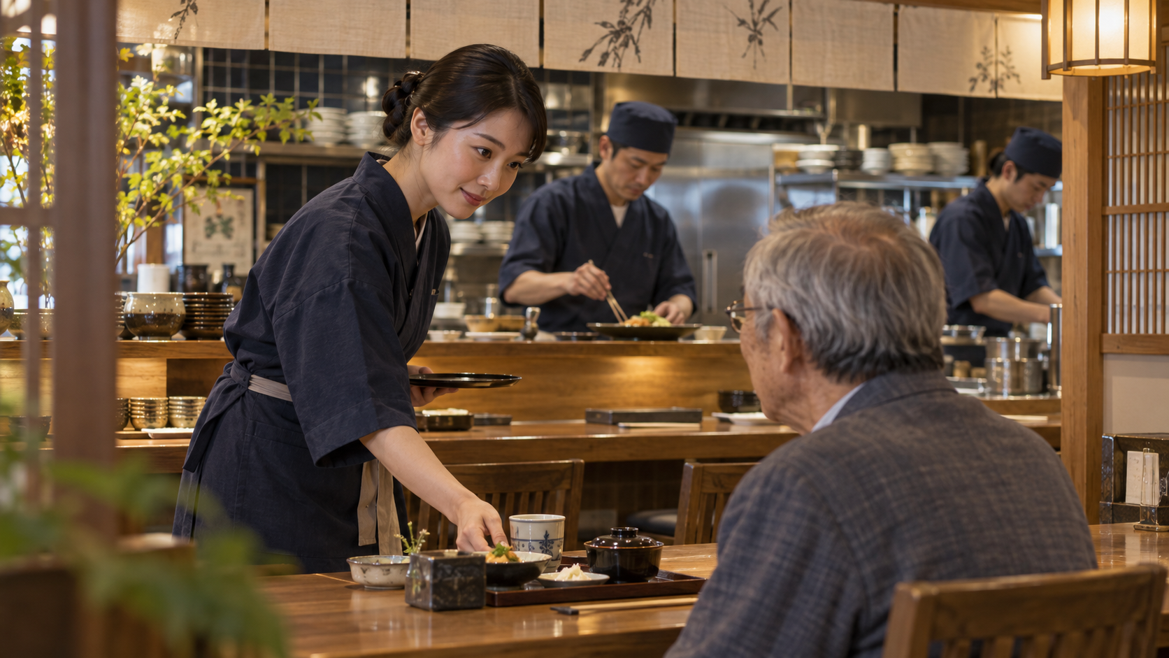 高齢のお客様に先回りして配慮する飲食店スタッフ(AI生成イメージ)