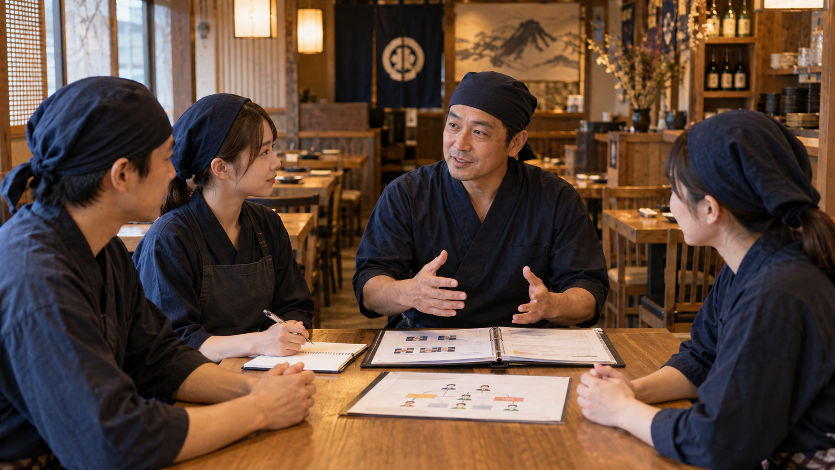 賃金改定と役割と教育方針を共有する飲食店チーム(AI生成イメージ)