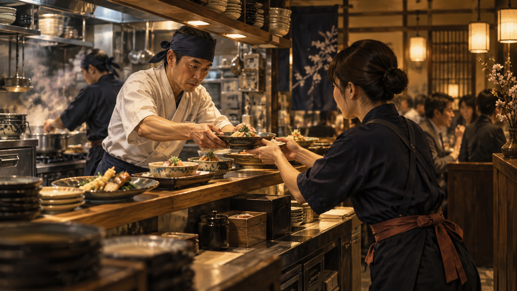 厨房とホールが連携して料理を提供する様子