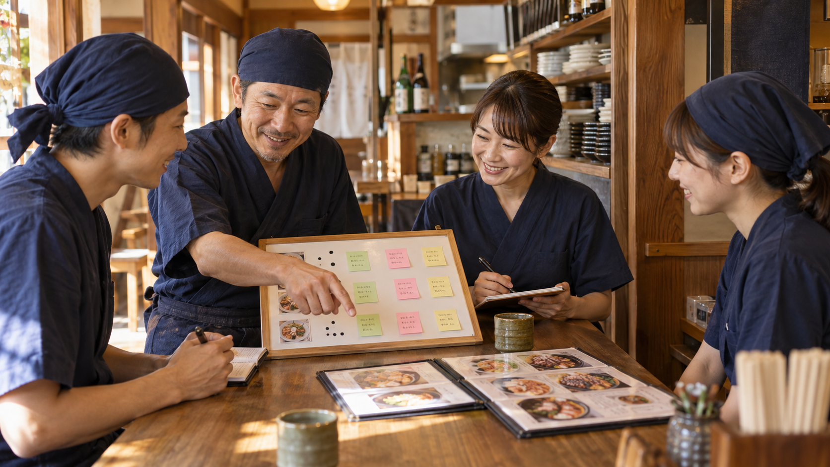 説明方法の改善実験をチームで振り返る飲食店スタッフ（AI生成イメージ）