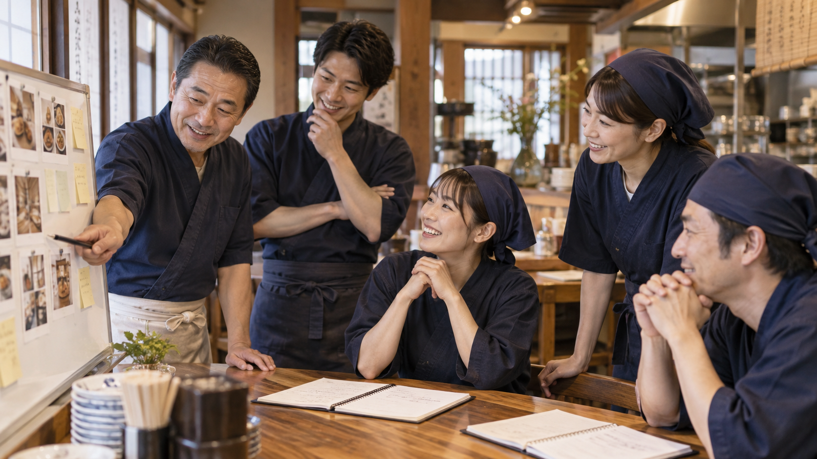 小さな改善実験の結果を振り返る飲食店スタッフ（AI生成イメージ）