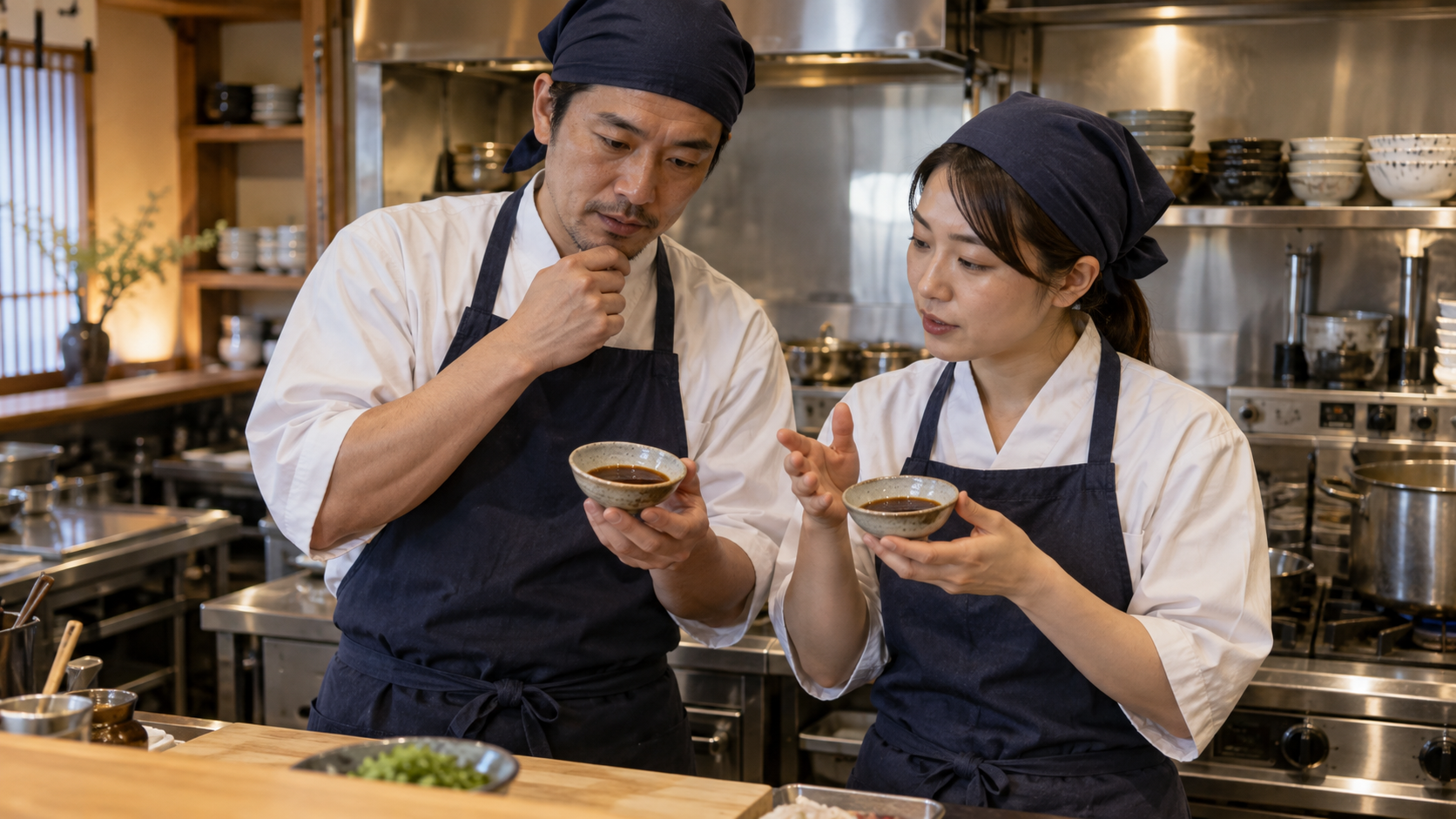 代替食材の味と使用量を比較する調理スタッフ（AI生成イメージ）