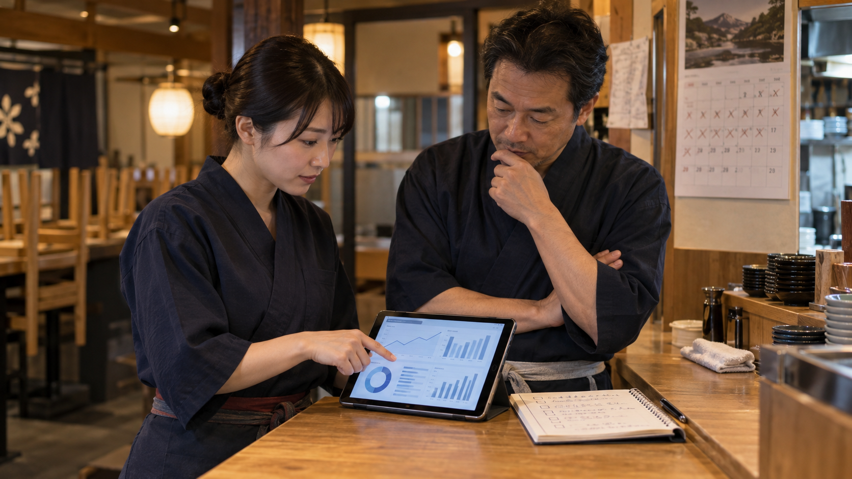 売上と労働時間の変化をタブレットで検証する飲食店経営者(AI生成イメージ)