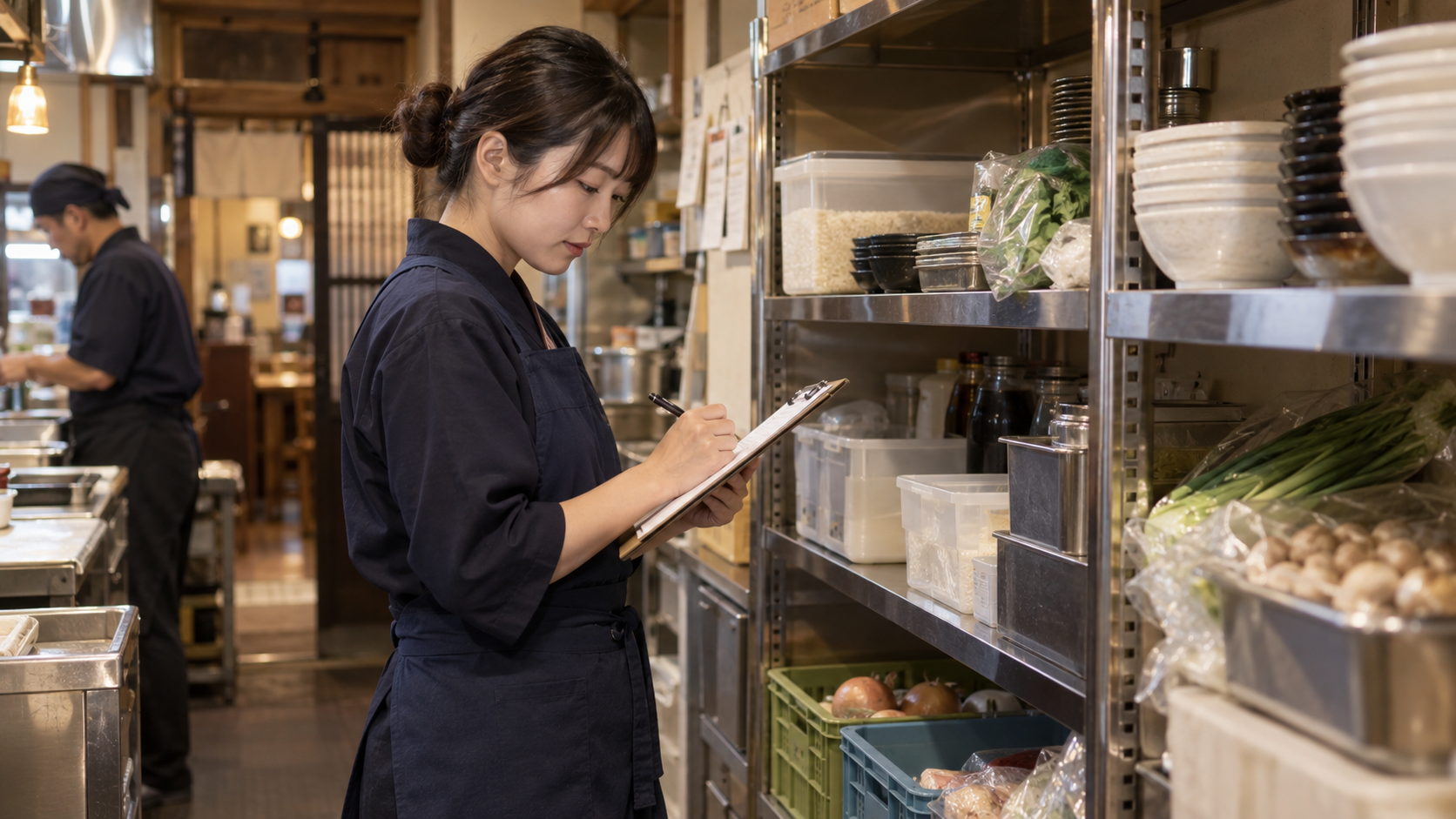 在庫の使用状況を記録するスタッフ（AI生成イメージ）