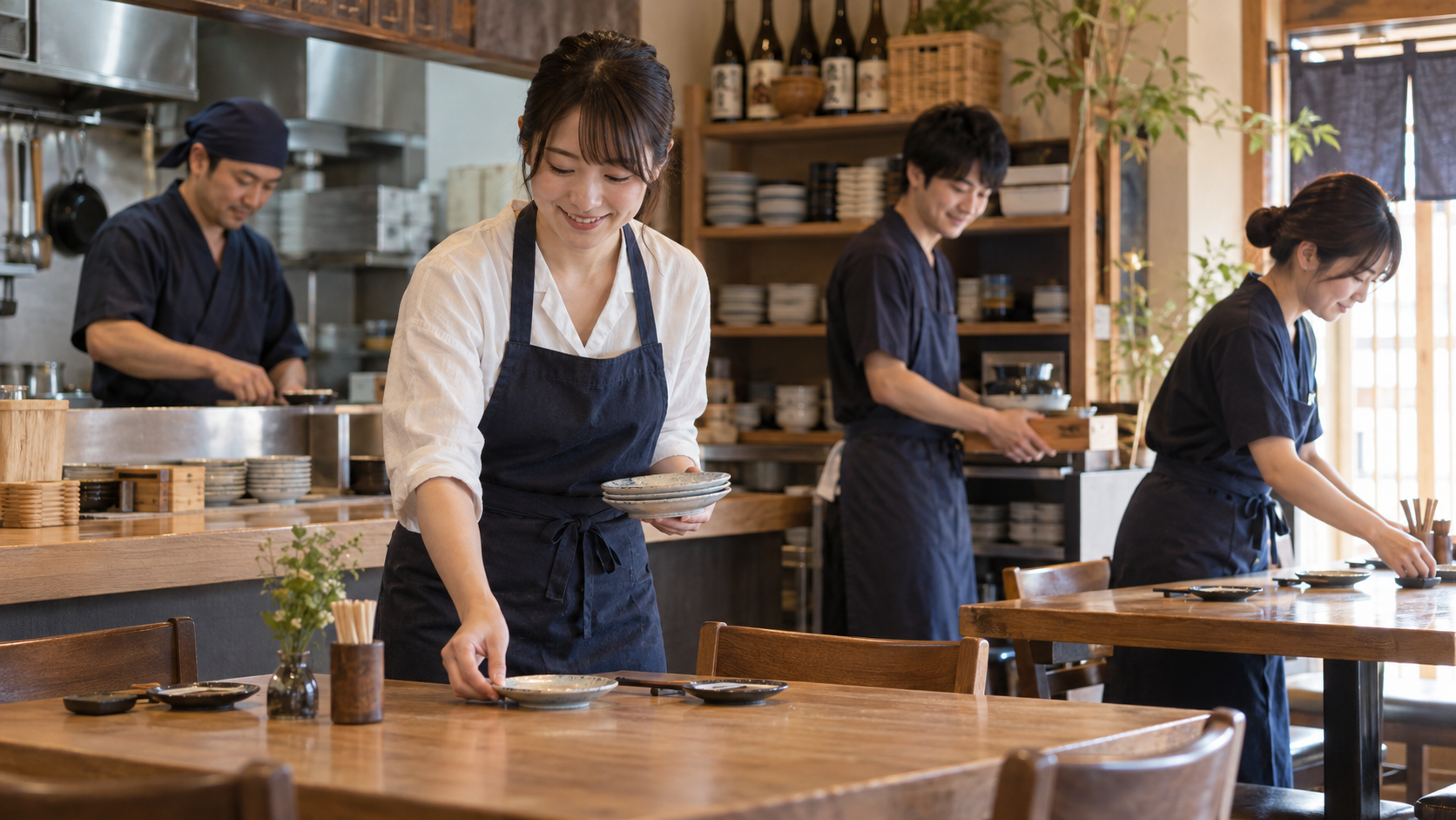 整理された店で開店準備を進めるチーム（AI生成イメージ）