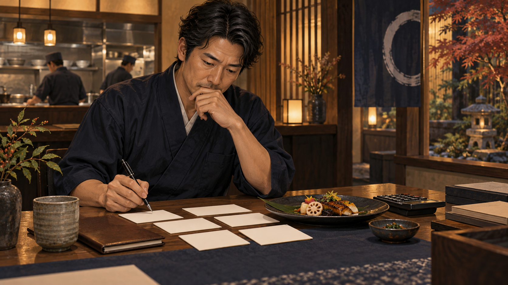商品の利益を確認しながら販促を計画する店主