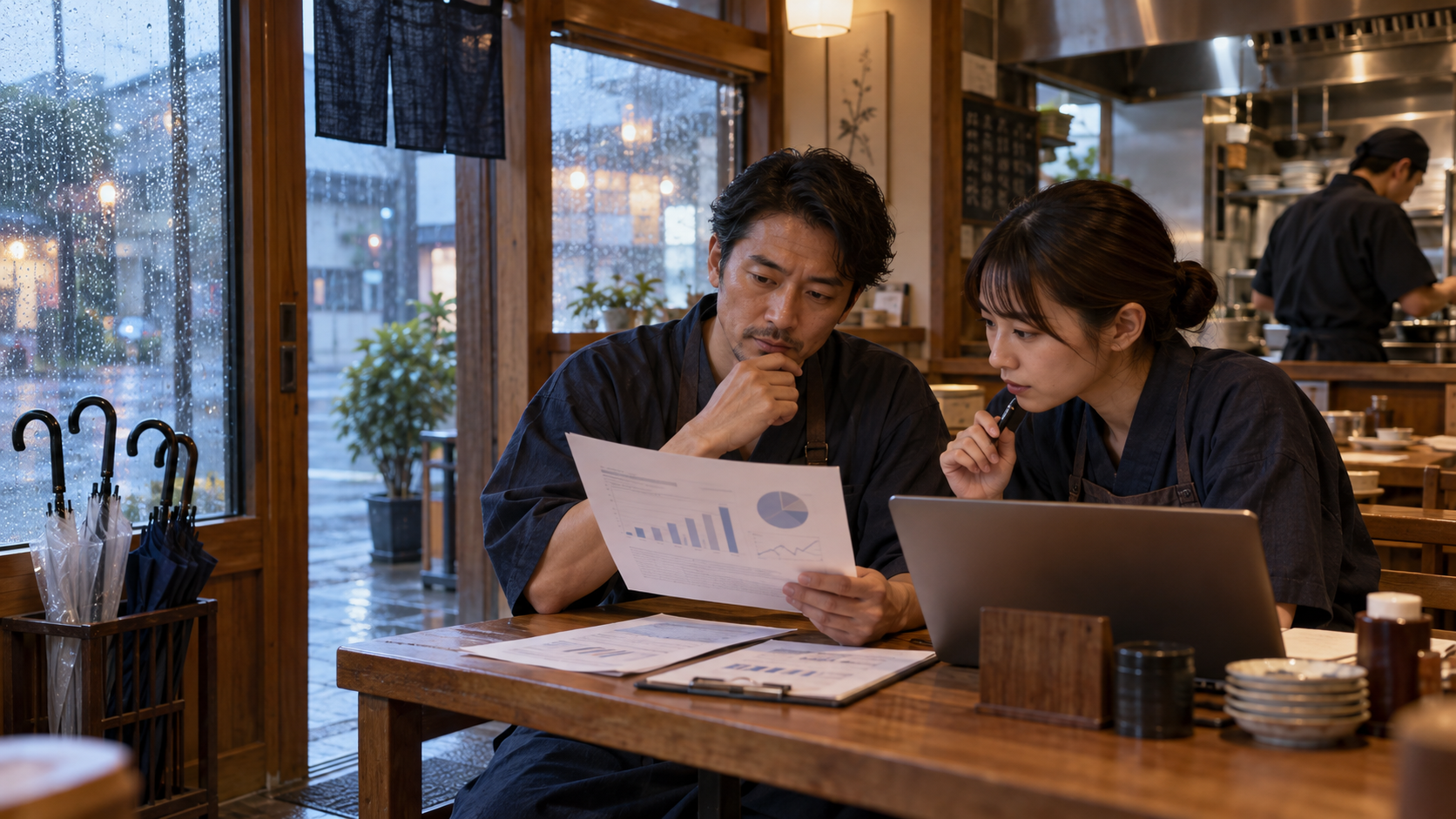 雨の店内で外食市場の資料を確認する経営者と店長