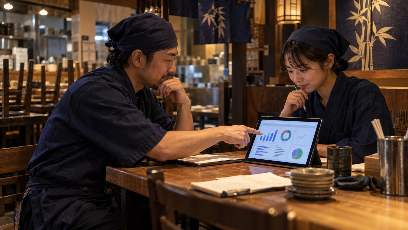 売上や労働時間とQSC＋Hの記録を一緒に振り返る店長とスタッフ