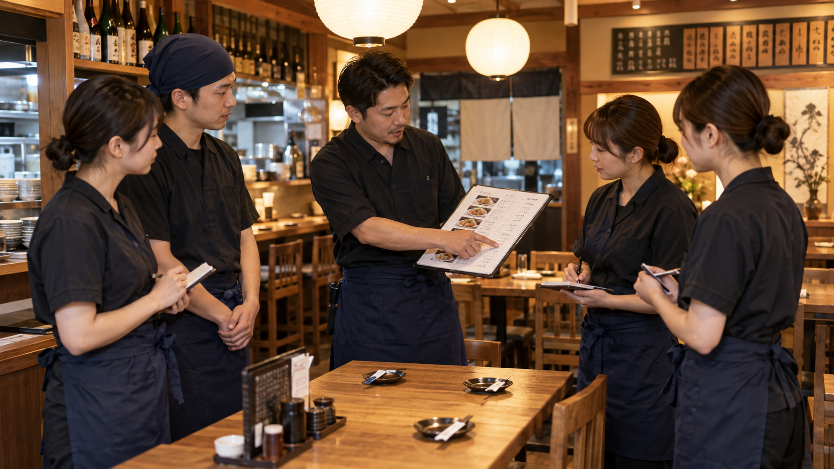 価格改定後の接客説明を共有する飲食店チーム（AI生成イメージ）