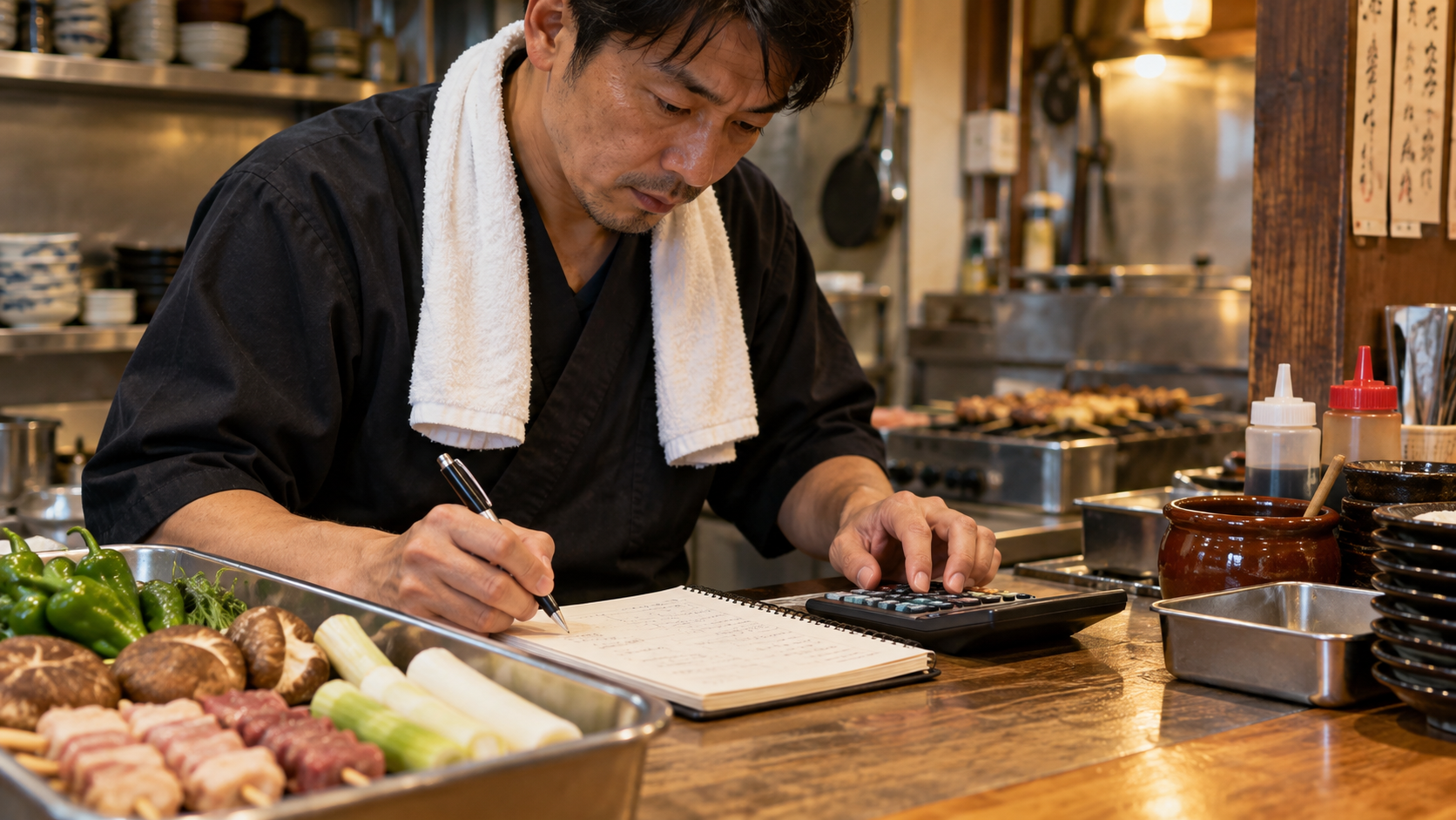 食材と電卓を前に価格を計算する店主（AI生成イメージ）