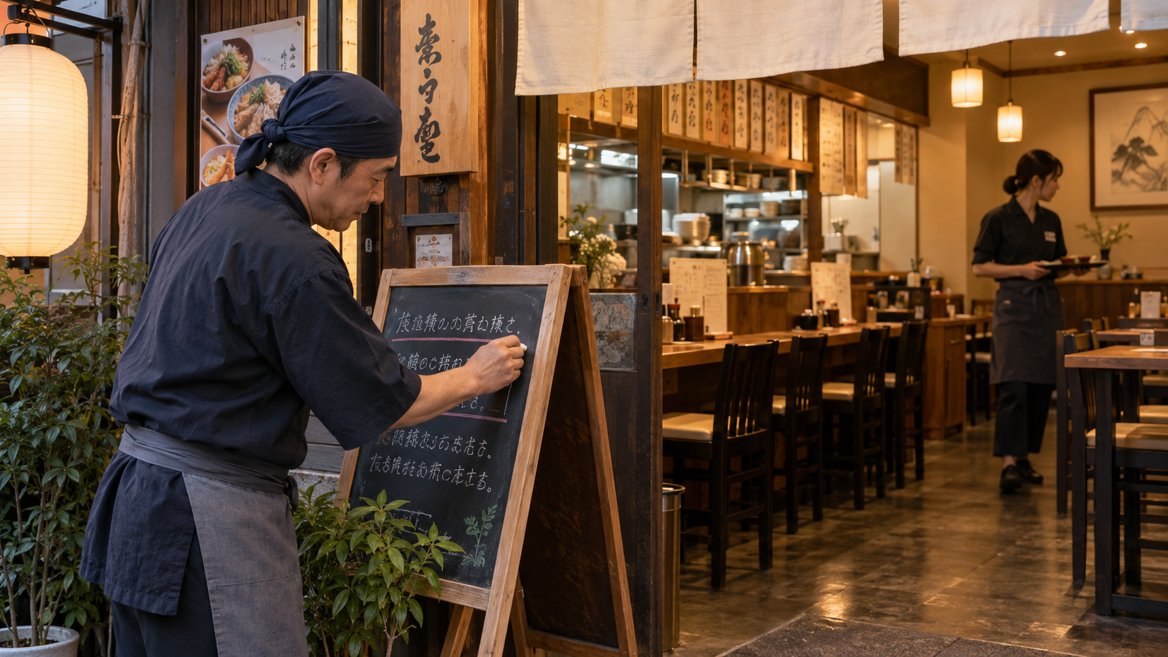 店頭で価格改定のお知らせを準備する飲食店主（AI生成イメージ）