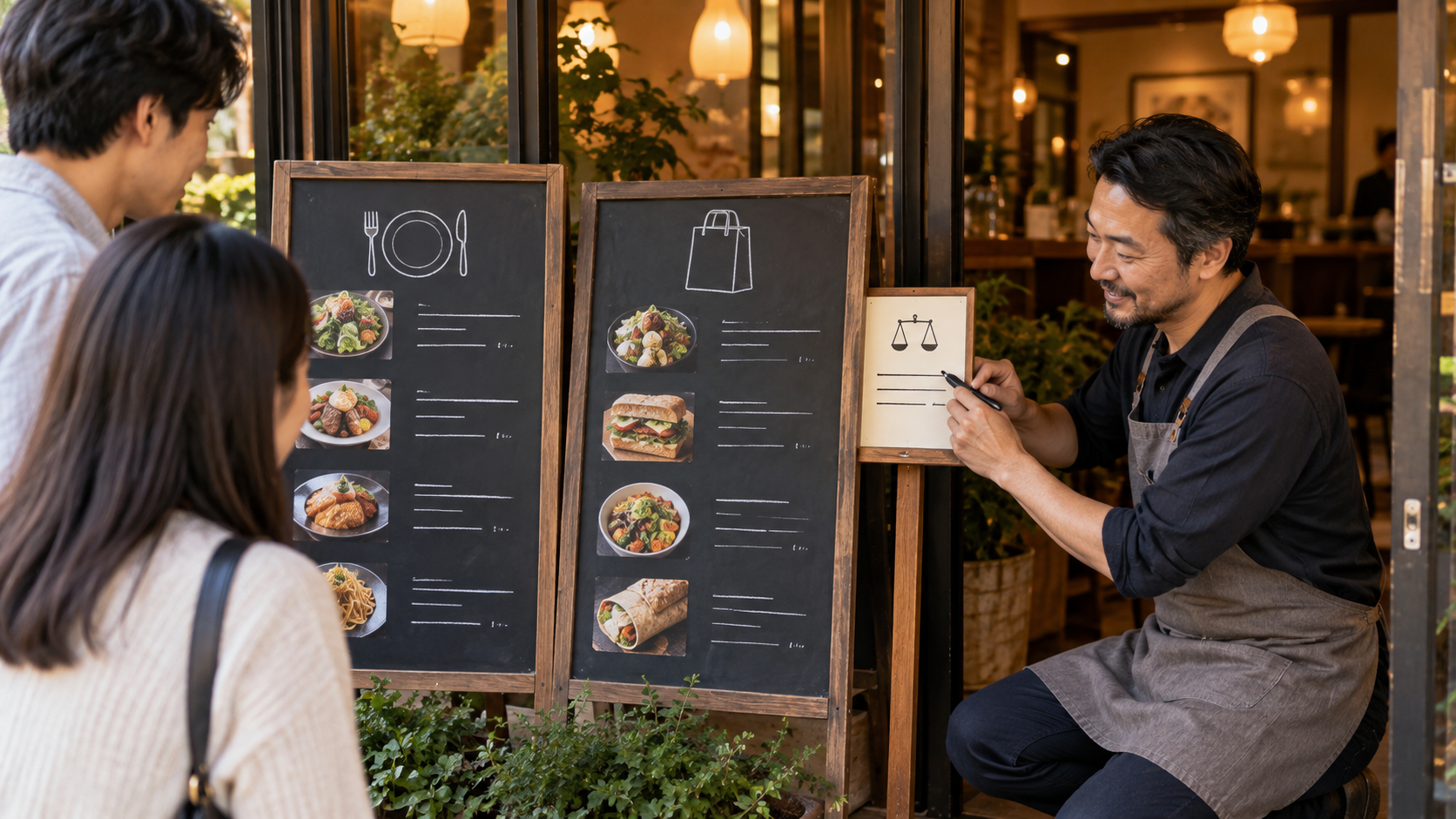店内価格と持ち帰り価格のメニューを説明する飲食店経営者