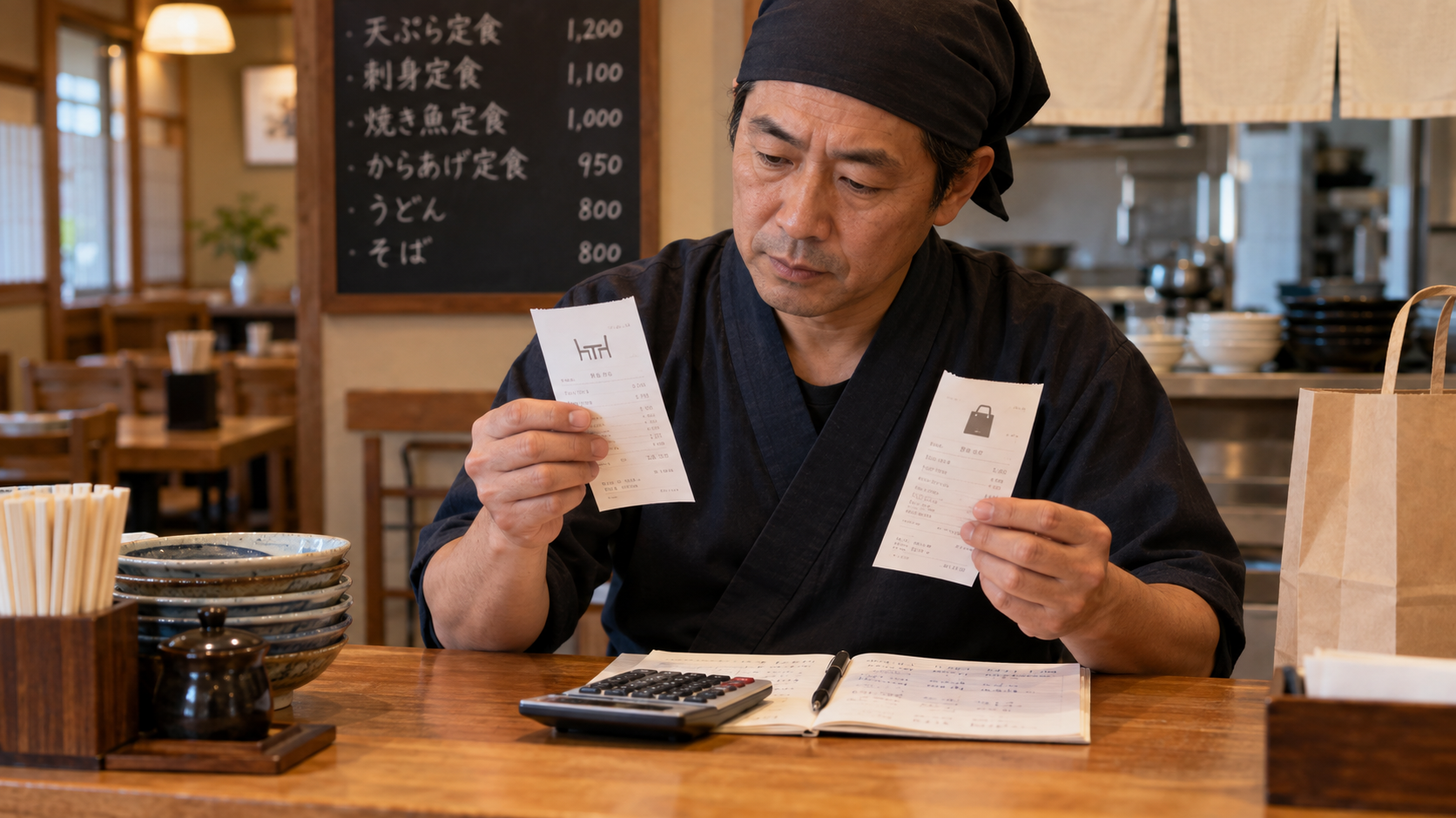 店内飲食と持ち帰りのレシートを比較する飲食店経営者