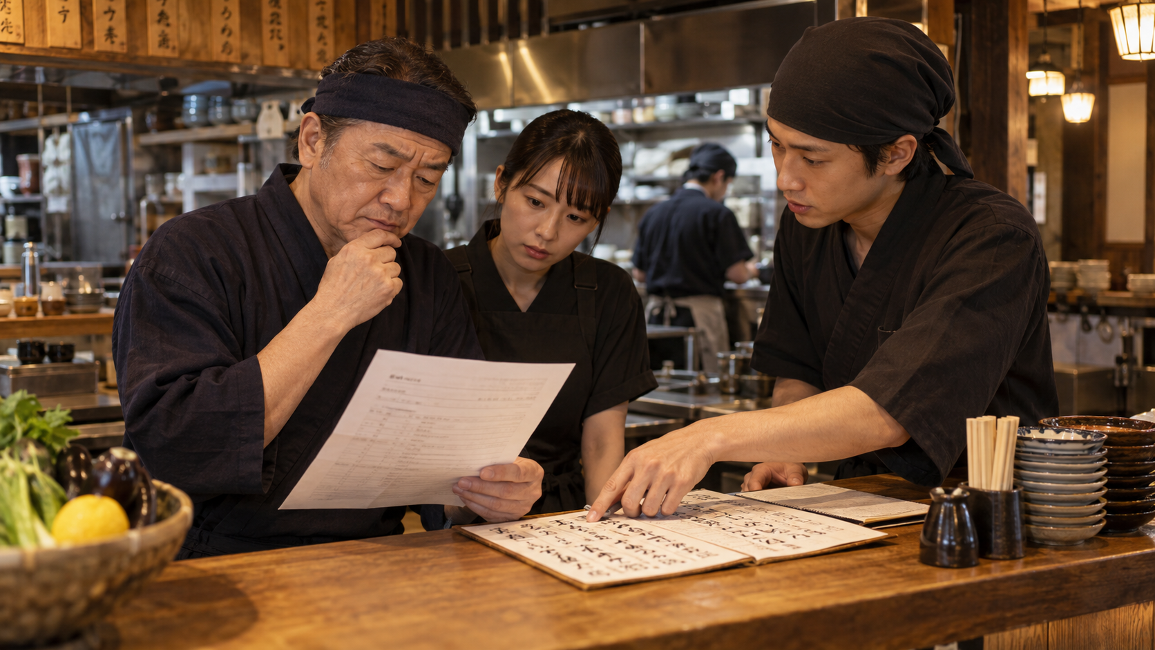 価格改定の資料とメニューを確認する飲食店スタッフ（AI生成イメージ）