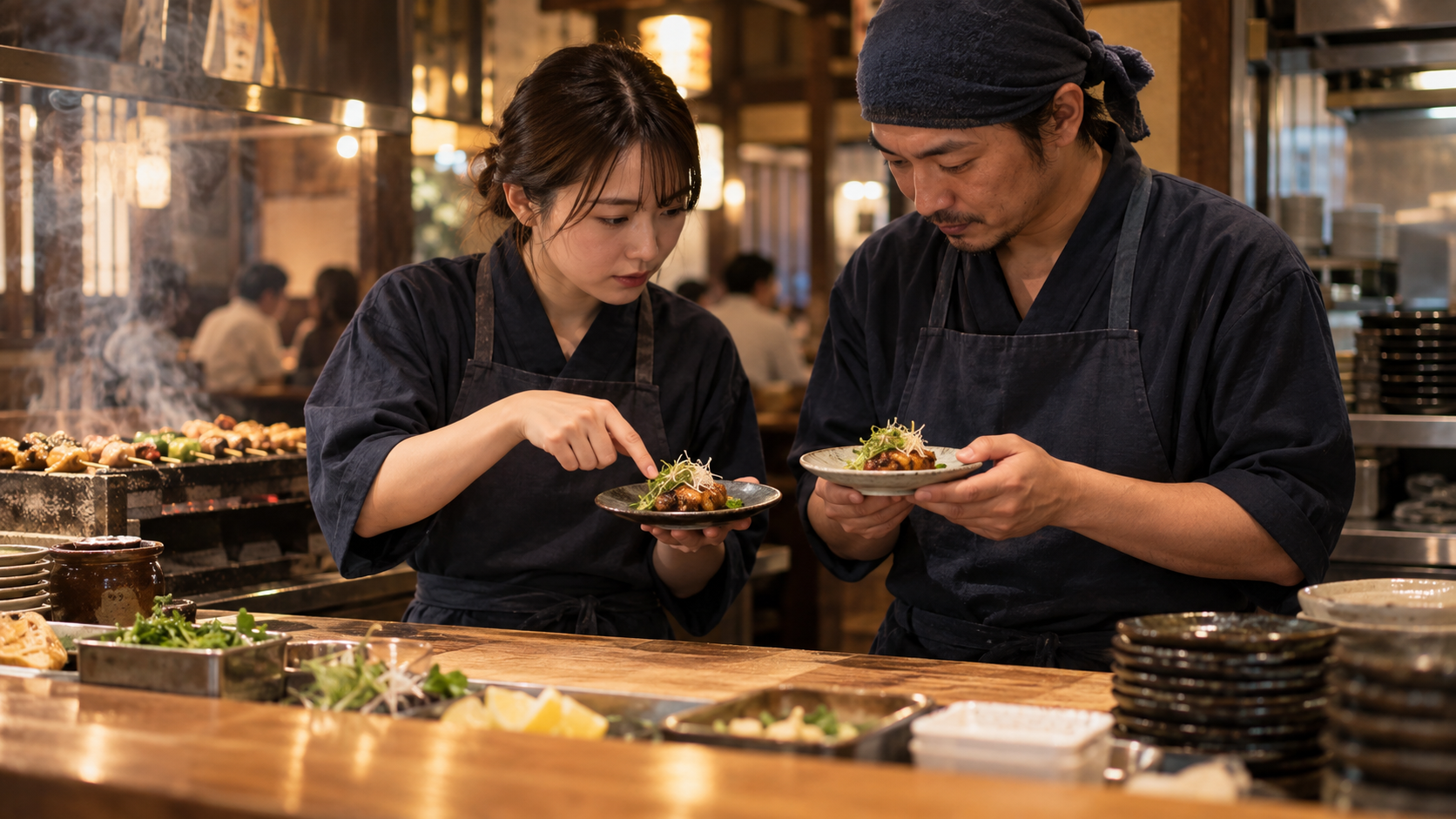 料理の仕上がりと満足度を確認する飲食店スタッフ（AI生成イメージ）