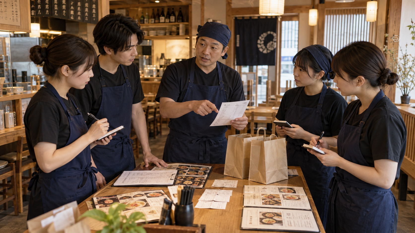 飲食店スタッフがメニューとレシートを見ながら価格ルールを確認する会議