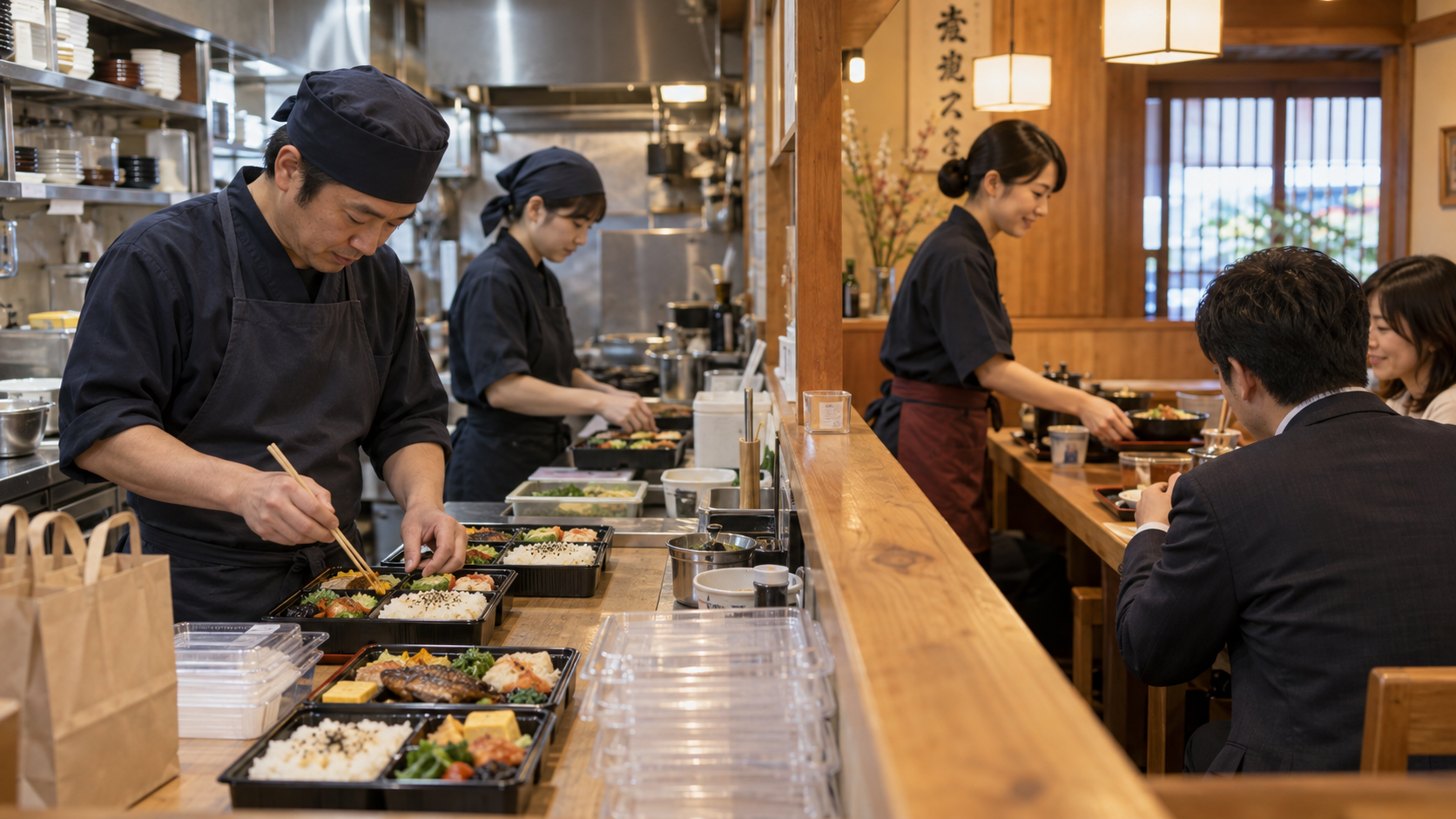 テイクアウト準備と店内営業を同時に行う飲食店の厨房