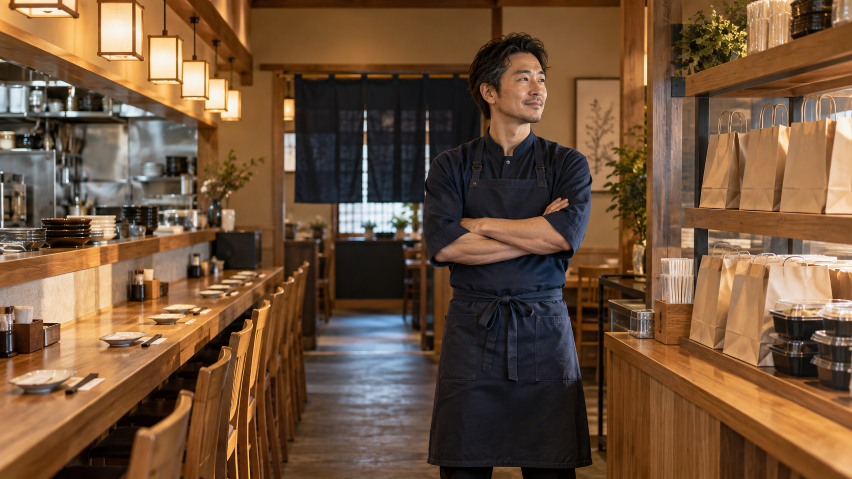 飲食店の棚で在庫を確認しながら価格設計を考えるスタッフ